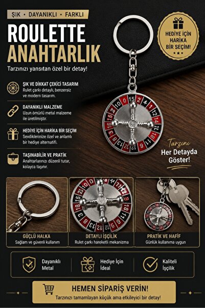 Keyfi Sepet Hareketli Rulet Anahtarlık Metal Rulet Çarkı Tasarımlı Şık Dekora...