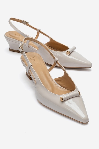 LuviShoes Rhea Ecru Patent Leather Buckle Mini Wedge Women's Heeled Shoes