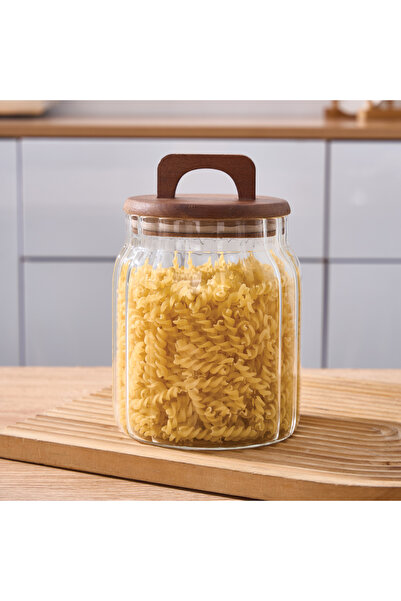 MİEN 1150ml Acacia Lid Striped Glass Jar