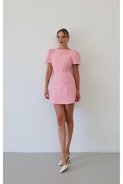 Myra Fashion Karpuz Kol Mini Elbise Kayık Yaka Kapak Detaylı Klasik Günlük Şı...