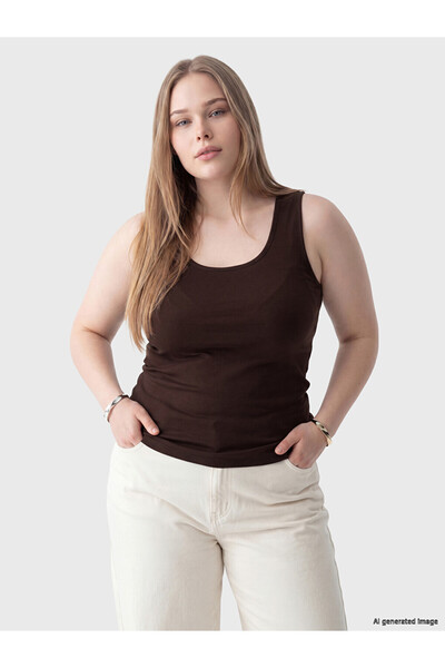 LC Waikiki قميص LCWAIKIKI Curve Brown مقاس كبير للنساء برقبة على شكل حرف U