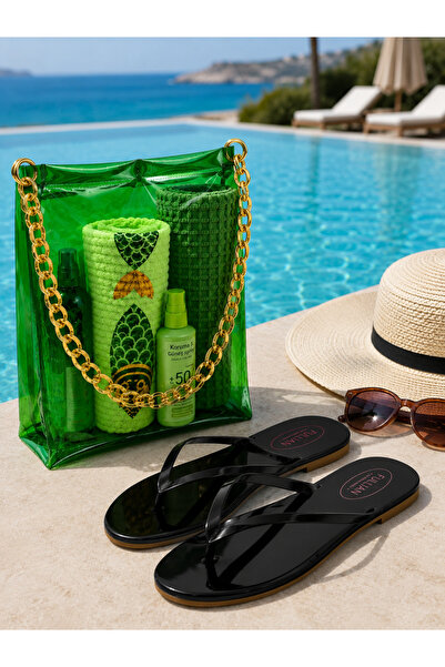 Fulian Women's Black Flip-Flops & Transparent Beach Bag Set – Summer Sea Pool...