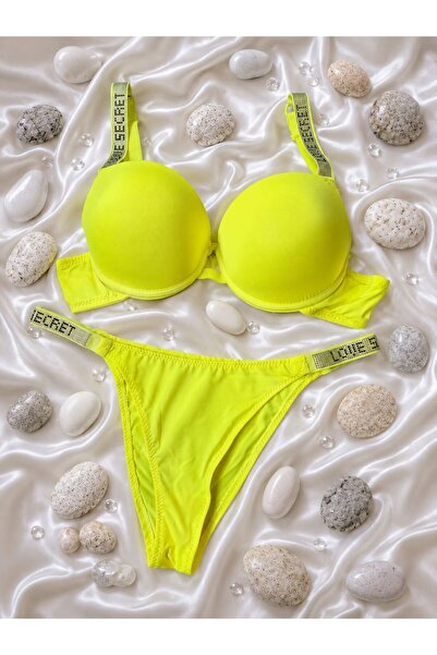 SOMOR Neon Sarı Taş Detaylı Push Up Sütyen & Tanga Takım