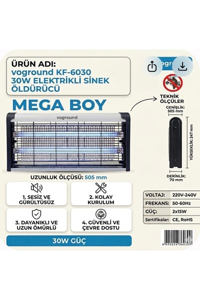 Voground Mega Boy Sinek Öldürücü Ampul 30W – Sessiz ve Etkili Sivrisinek Kara...