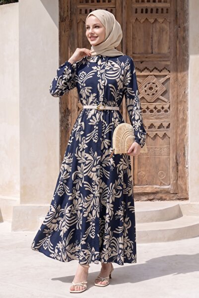 InStyle Soft Patterned Belted Navy Blue Dress