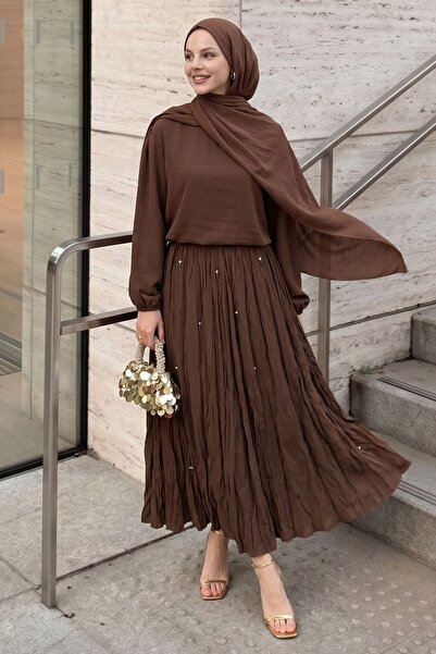 InStyle Brown Suit with Stone-Embellished Skirt and Laces