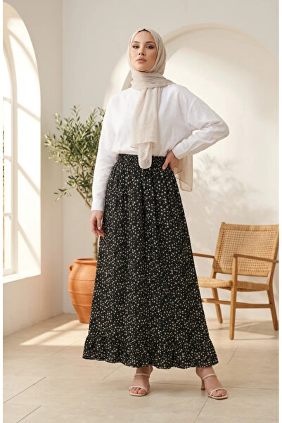 sefamerve Elastic Waist Floral Patterned Skirt 0314-03 Black