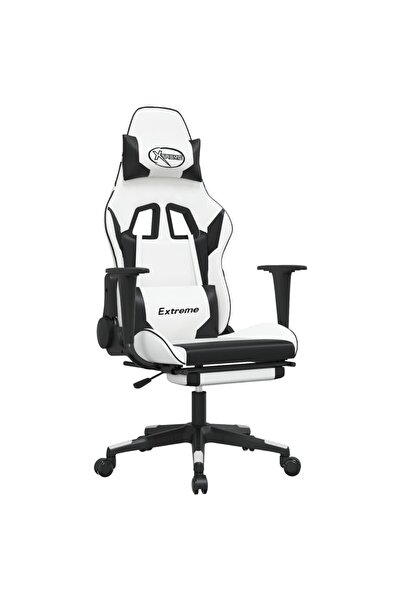 vidaxl Scaun de gaming cu suport picioare, alb/negru, piele ecologică