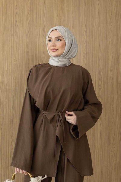 MYGİYİMİSTANBUL Premium Quality Tencel Fabric Suit with Flower Brooch Detail and Pants