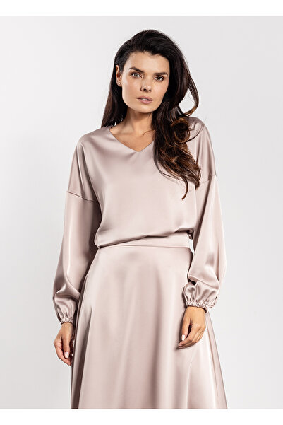 Awama Bluza Dama, Awama, Poliester, Satin, Decolteu In V, Maneci Lungi, Bej, XL