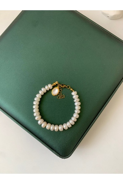 JOVİ ATELİER Sertifikalı Doğal Rondela Kadın İnci Bileklik Oval Charm