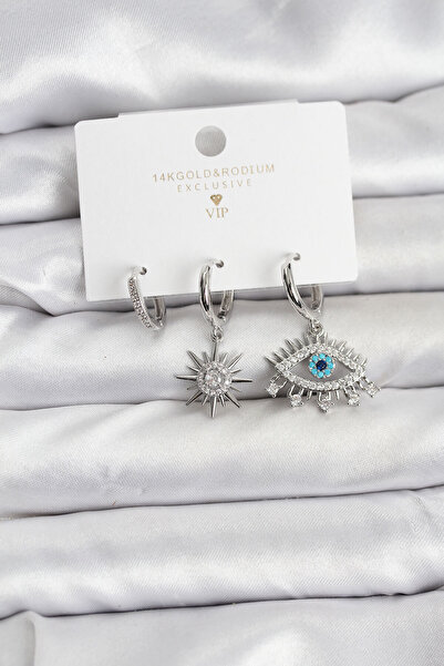 OGHAMAY Göz Model Silver Color Brass 3-Piece Women's Earring Set