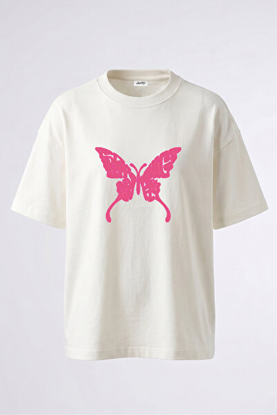 Anetos Tricou oversize alb din bumbac cu imprimeu pe spate cu design Fluture Roz