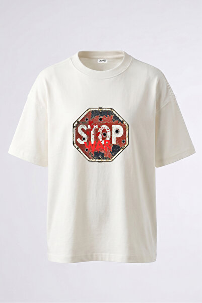 Anetos Tricou oversize alb din bumbac cu imprimeu pe spate Stop War Design