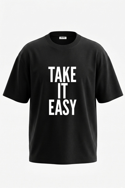 Anetos Tricou oversize negru din bumbac imprimat pe spate Take It Easy Design