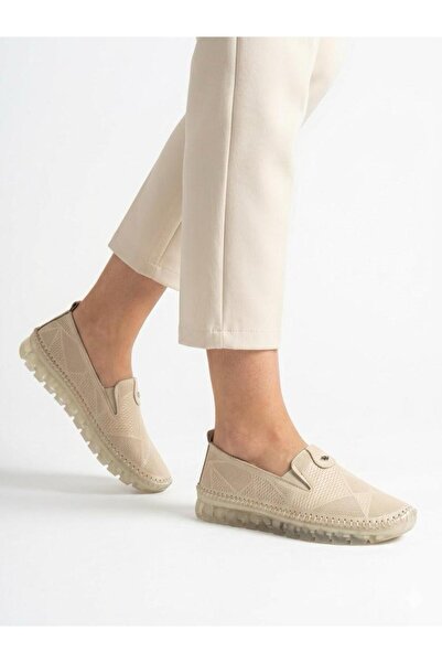 Lütfi Women's Beige Genuine Leather Orthopedic Soft Sole Casual Shoes
