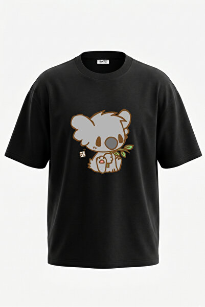 Anetos Tricou oversize negru din bumbac cu imprimeu pe spate Chibi Koala Design