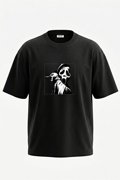 Anetos Tricou oversize negru din bumbac cu imprimeu pe spate cu design Ghostf...