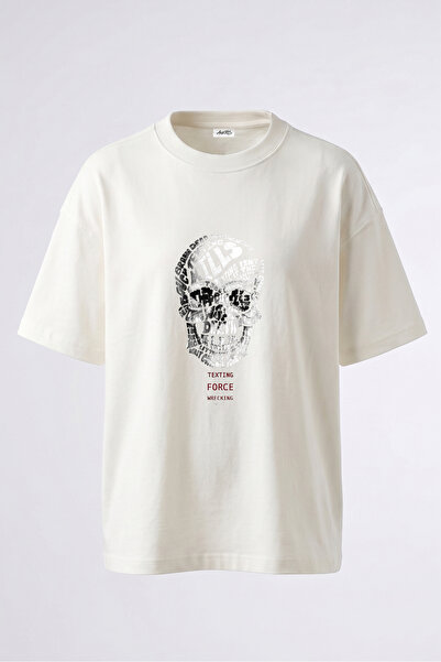 Anetos Text Skull_1 Tricou oversize alb din bumbac cu imprimeu pe spate