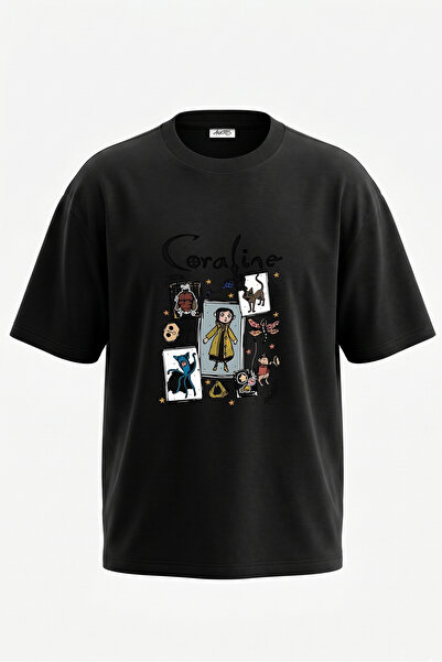 Anetos Coraline Movie Design, pamučna crna oversize majica sa zadnjim printom