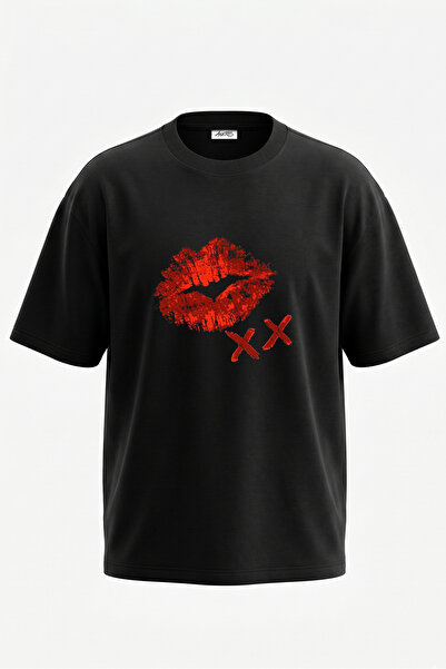 Anetos T-shirt sa otiskom usana XX dizajna, crna pamučna majica sa zadnjim ot...