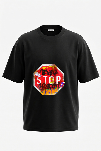 Anetos Tricou oversize negru din bumbac cu imprimeu pe spate cu design graffi...
