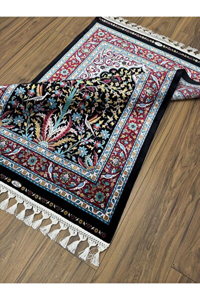 Neşem Halı Boutique KS7073 SIYAH BORDO İRAN İPEK SECCADE HALIMIZ İPEK SAÇAK