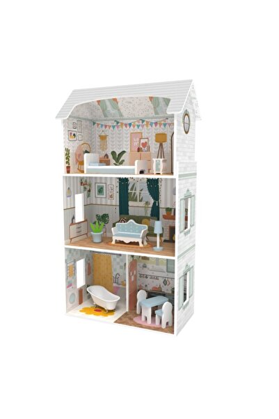 Moni Toys Casuta Papusi cu 3 Etaje, 4 Camere si 9 Piese de Mobilier, Joc de R...