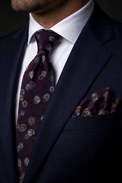 Kravatkolik Burgundy Navy Blue Floral Pattern Classic Tie with Handkerchief K...