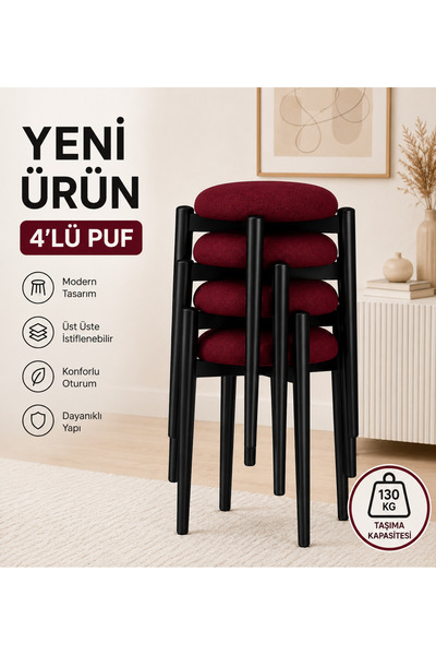 EDMONDA EV AKSESUAR ZÜMRA 4LÜ PUF TABURE BENCH MAKYAJ SANDALYESİ SİYAH AYAK
