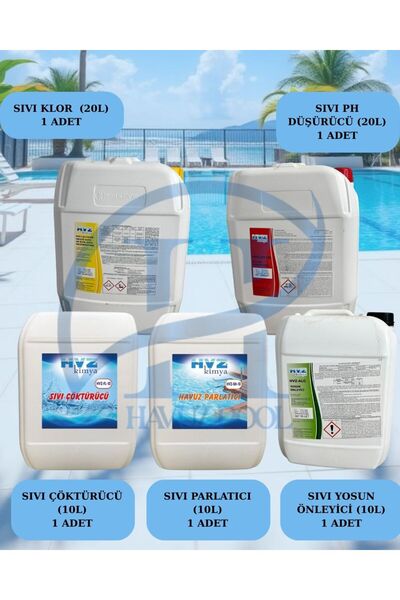 Hvz Kimya 5'li Havuz Bakım Seti; 20L Sıvı Klor + 20L Sıvı Ph + 10L Sıvı Parla...