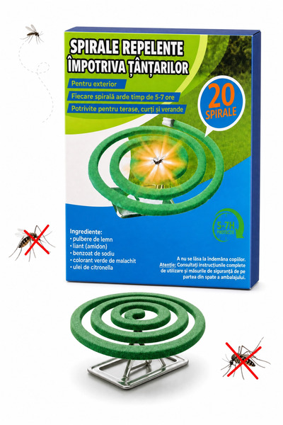 AgroTop Spirale verzi Anti-Tantari cu Ulei de Citronella, Set 20 buc, Suport ...