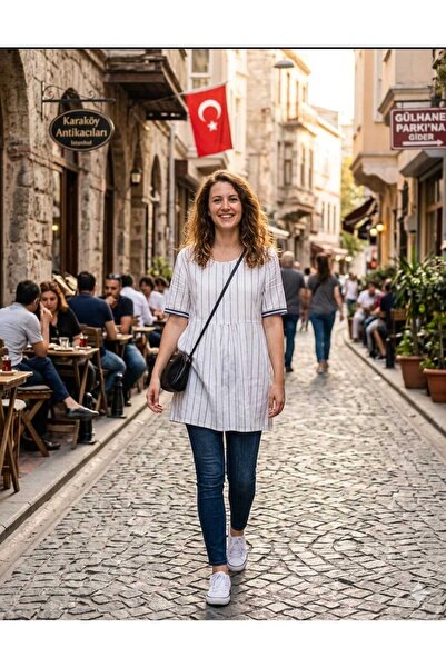Kutaf Kadın Beyaz Çizgili Tunik - Rahat Kesim Kısa Kollu Yazlık Pamuklu Tunik...