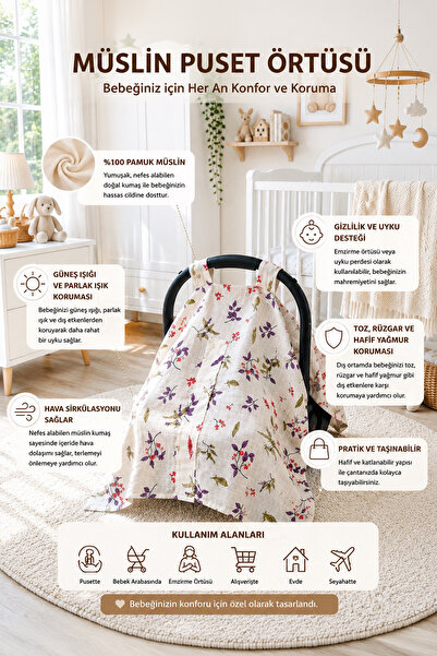 FH Living %100 Organik Pamuklu Kumaştan Müslin İki Kat Desenli Puset Örtüsü