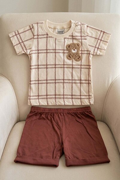 dinamik çocuk Baby Boy Summer 2-Piece Set Teddy Bear Embroidered Plaid Patter...