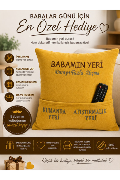 ABT Babalar Günü Hediyesi Babamın Yeri Kumanda Cepli Nakışlı Dekoratif Yastık...