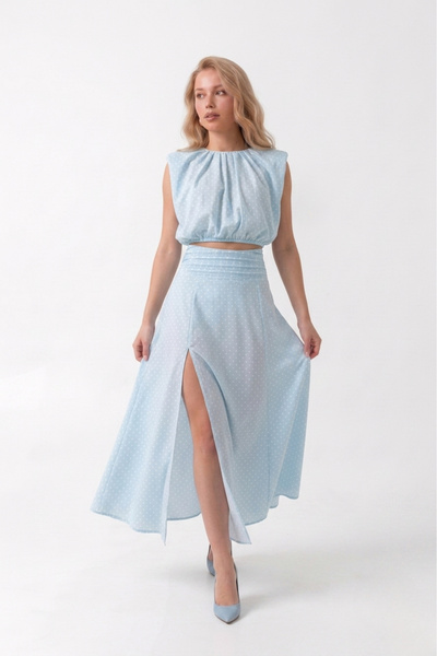 Auragul Polka Dot Patterned Shoulder Top, Gathered Detail, Slit Midi Set