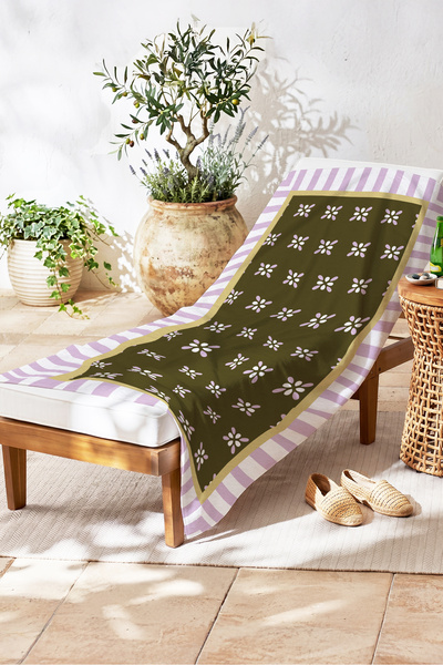 Evimde Bambaşka Prosop de plajă modern cu dungi florale - Prosop din microfib...