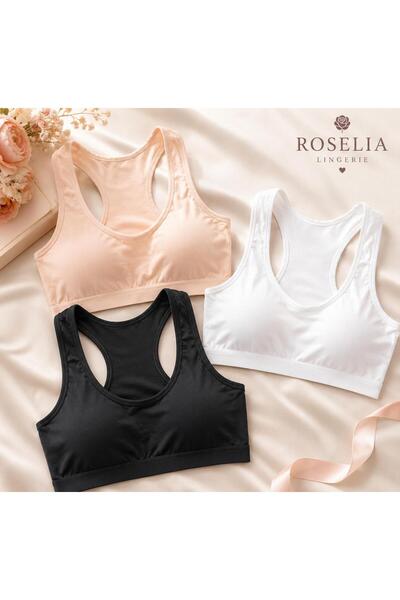 ROSELİA LİNGERİE Kadın Pamuklu Pedli Toparlayıcı Sporcu Büstiyer 3'lü Set