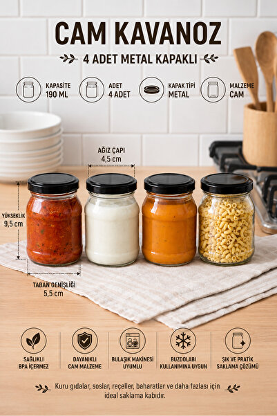 Rotanev 4 Pieces 190 ml Glass Jar Set with Metal Lids |   Jam, Sauce, Seasoni...