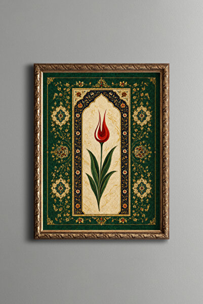 epiqart Yeşil Tezhip Desenli Lale Kompozisyonu - Vintage Desenli Çerçeve - İn...