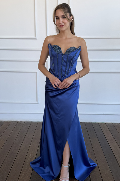 Lafaba Rochie de seară lungă din satin, cu decolteu fără bretele, cu aplicați...