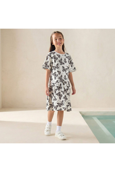 Juniors Round Neck Short Sleeves A-line Dress with Butterfly Print