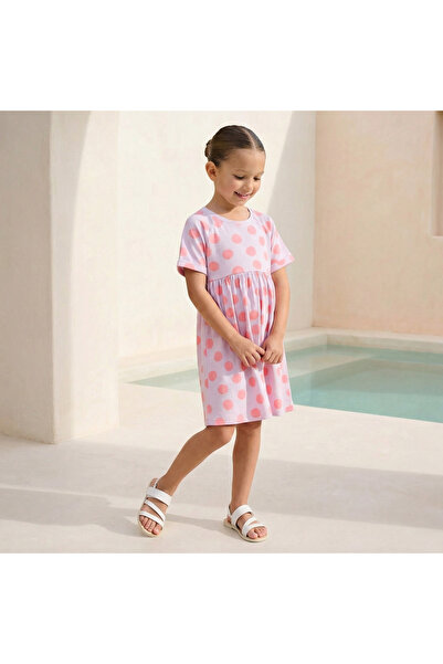 Juniors Round Neck Short Sleeves Knee Length A-line Dress with Polka Dot Print