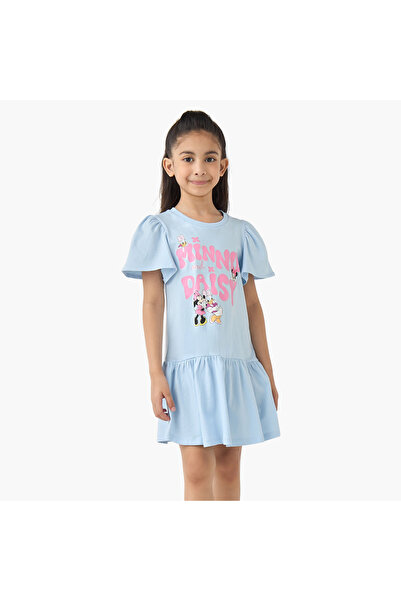 Disney Round Neck Short Sleeves A-line Dress with Minnie and Daisy Print