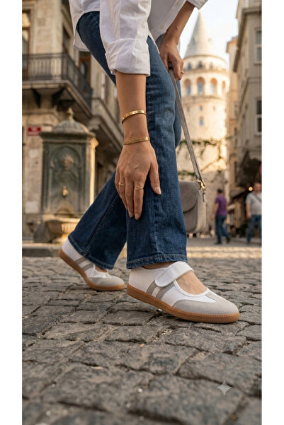 rumgay Beyaz Gri çizgili kadın cırtlı sambabet tarz sneaker ayakkabı