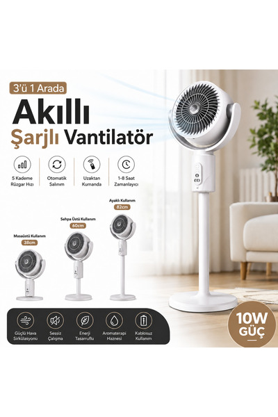 SMAYLİNG 3'ü 1 Arada Akıllı Sirkülasyon Vantilatörü 10W Şarjlı Ayaklı Masaüst...