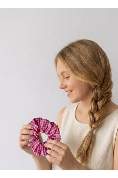 GENCATELİER Pink Tone Floral Plaid Scrunchies Fluffy Hair Ties Set of 4