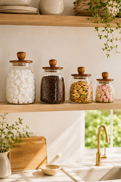 welcomein Akasya Kapaklı Cam Kavanoz 4’lü Set 1200 ml 950 ml 700 ml 500 ml, A...