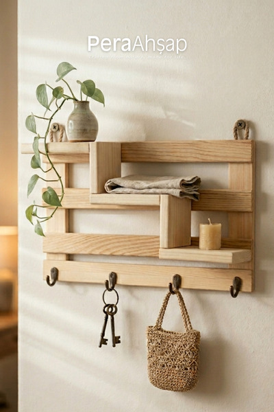 PeraWooden Pera Wooden Tier Raflı Ahşap Askılık Duvar Organizeri 4 Kancalı 35...